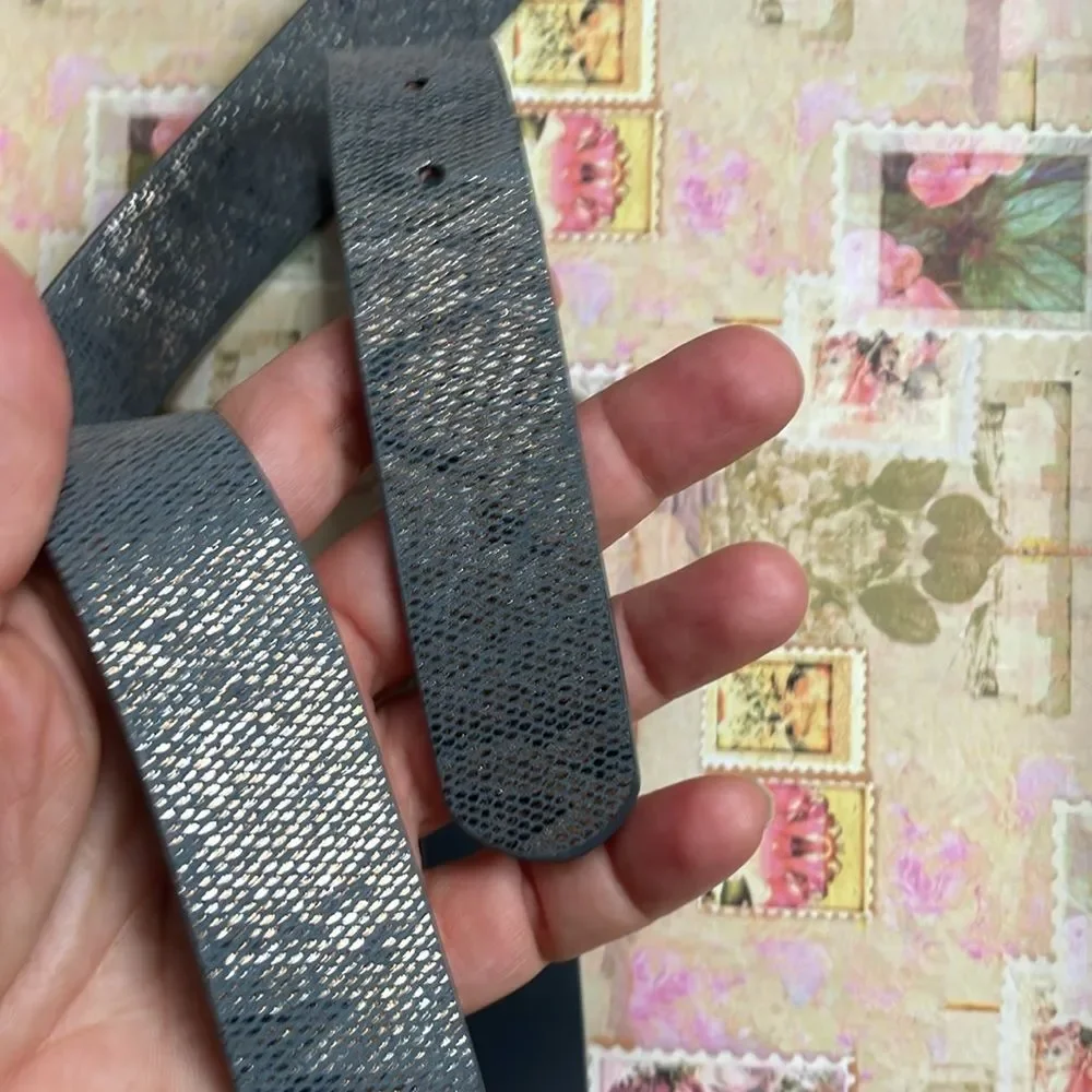 H &M Faux Leather Snake Skin Gray Gold Glitter Bow Belt #725950